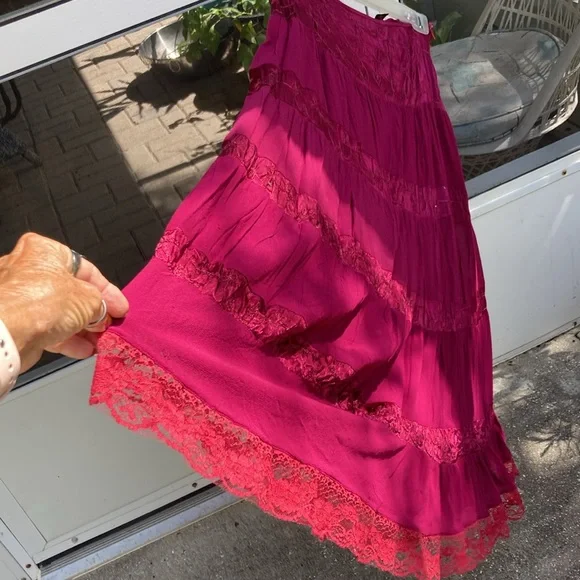 Red Satin Crepe Embroidered Skirt - Picture 10 of 10